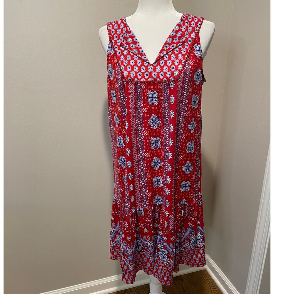 Style & Co Bandana Dress Sz M Tiered V-Neck Red Blue Sleeveless Festival Western - Picture 13 of 13